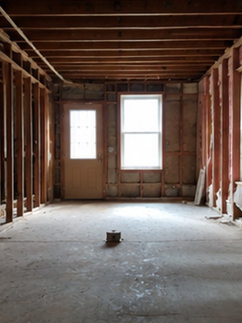 A basement room at the start of a remodel: bare wall studs, open ceiling joists and a concrete floor, with a door and a window in the far wall