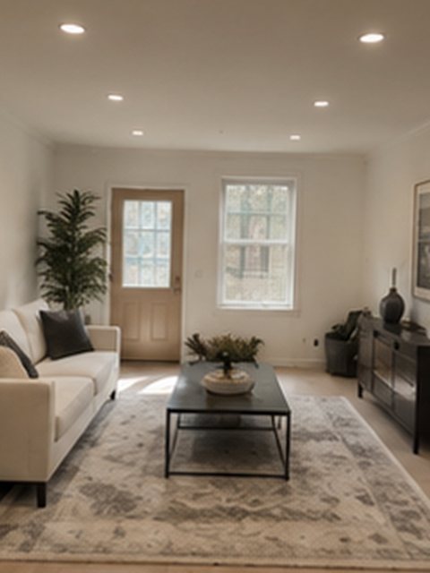 The same room after the remodel: painted walls, ceiling lights, a wood floor, a sofa, a coffee table and a rug, with the same door and window in the far wall