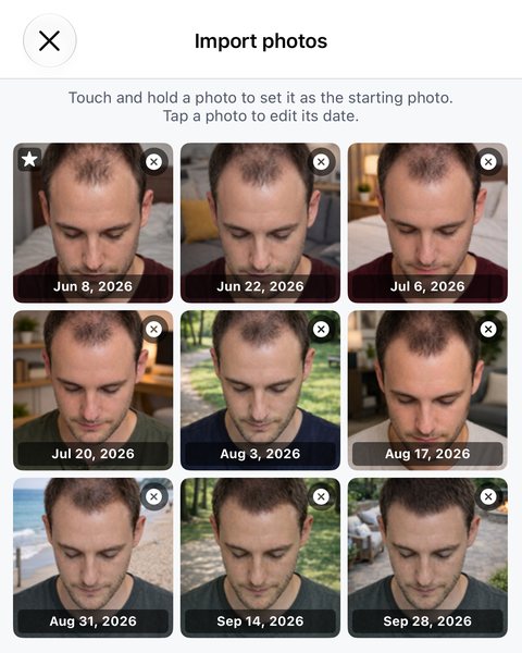 The Import photos screen: a hint to touch and hold a photo to set it as the starting photo and to tap a photo to edit its date, above a grid of nine photos, each with a date badge; the first photo carries the starting-photo star