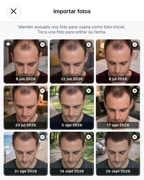 La pantalla Importar fotos: una indicación para mantener pulsada una foto y marcarla como foto inicial, y para tocar una foto y editar su fecha, sobre una cuadrícula de nueve fotos, cada una con su fecha; la primera lleva la estrella de la foto inicial