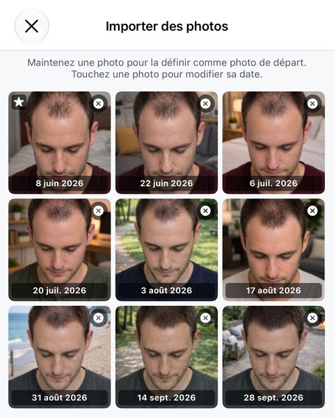 L'écran Importer des photos&nbsp;: une indication invitant à maintenir une photo pour la définir comme photo de départ et à toucher une photo pour modifier sa date, au-dessus d'une grille de neuf photos portant chacune sa date&nbsp;; la première porte l'étoile de la photo de départ