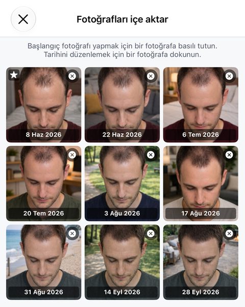 Fotoğrafları içe aktar ekranı: bir fotoğrafı başlangıç fotoğrafı yapmak için basılı tutmayı, tarihini düzenlemek için dokunmayı söyleyen bir ipucu; altında her biri tarih etiketi taşıyan dokuz fotoğraflık bir ızgara. İlk fotoğrafta başlangıç fotoğrafı yıldızı var