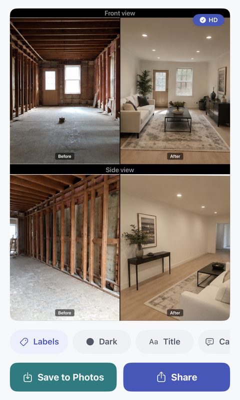 The share preview of the All Sides Before/After format: a front view and a side view of a room, each as a Before and an After photo with labels, an HD badge, the Labels, Dark and Title options, and the Save to Photos and Share buttons