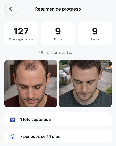 La pantalla Resumen de progreso: 127 días registrados, 9 fotos y una racha de 9, la línea Última foto hace 1 semana, y la primera foto del proyecto y la más reciente lado a lado, sobre dos filas que indican 1 foto capturada y 7 períodos de 14 días