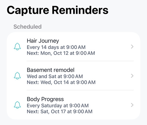 The Capture Reminders screen with three scheduled projects: Hair Journey every 14 days, Basement remodel on Wednesdays and Saturdays, Body Progress every Saturday, each with the time and date of its next reminder