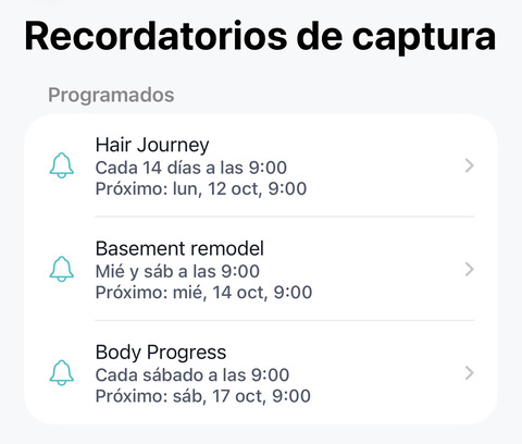 La pantalla Recordatorios de captura con tres proyectos programados: Hair Journey cada 14 días, Basement remodel los miércoles y sábados, Body Progress cada sábado, cada uno con la hora y la fecha de su próximo recordatorio