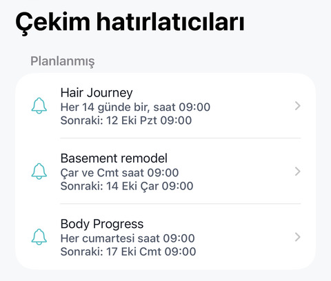 Üç planlanmış projeyle Çekim hatırlatıcıları ekranı: Hair Journey her 14 günde bir, Basement remodel çarşamba ve cumartesi günleri, Body Progress her cumartesi; her birinde sonraki hatırlatıcının saati ve tarihi